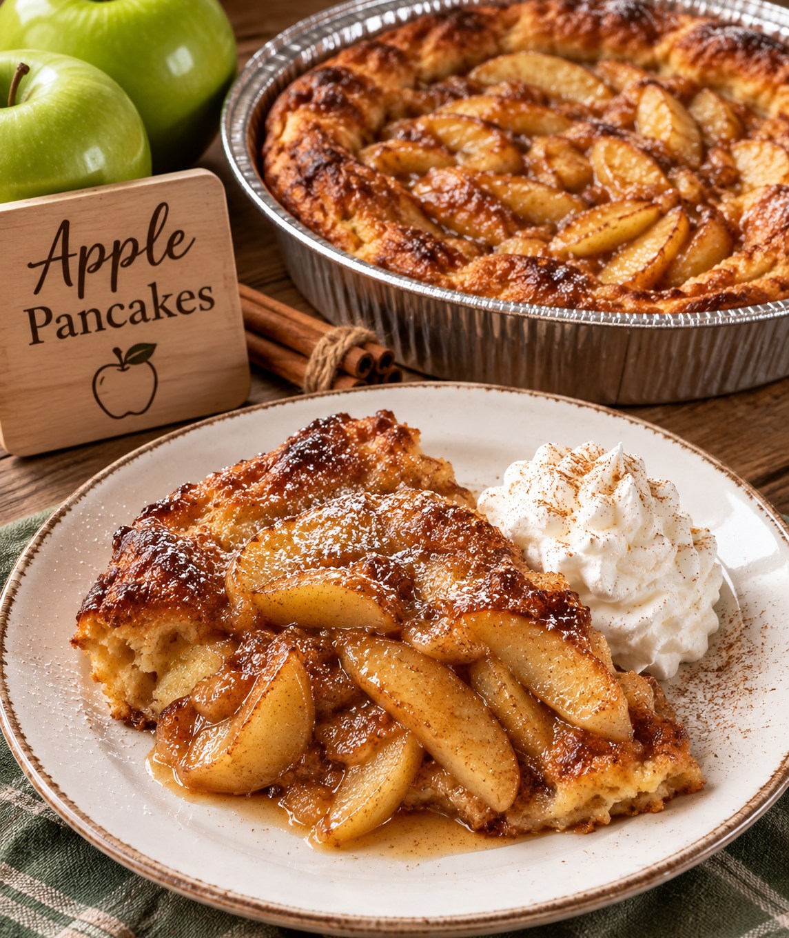 A slice of the Baked Apple Villa Pancake with cinnamon apples and whipped cream, beside the whole pancake in its pan
